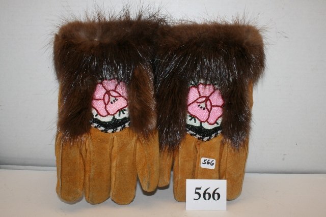 Man’s Gloves, Northwest Coast: 9” x 6” Man’s Gloves, Northwest Coast Bead Decorated Fur Trimmed Hide – Nice