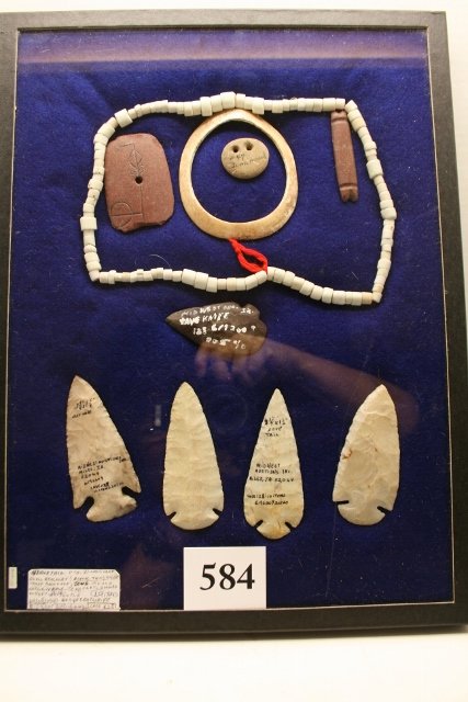 5 Flint Artifacts, Trade Beads: 12 x 16 Frame containing 5 Flint Artifacts, Trade Beads, Shell Bracelet, 2 Hole Pendant, etc..