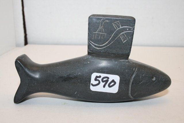 Steatite Fish Effigy Pipe: 4 ¼” Steatite Fish Effigy Pipe, age uncertain