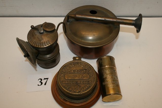 Brass Job Lot: Miners Lantern: Brass Job Lot: Miners Lantern, Rexall Shaving Stick, Neptune Meter Co. Trident Water Meter Cover & Copper & Brass Funnel