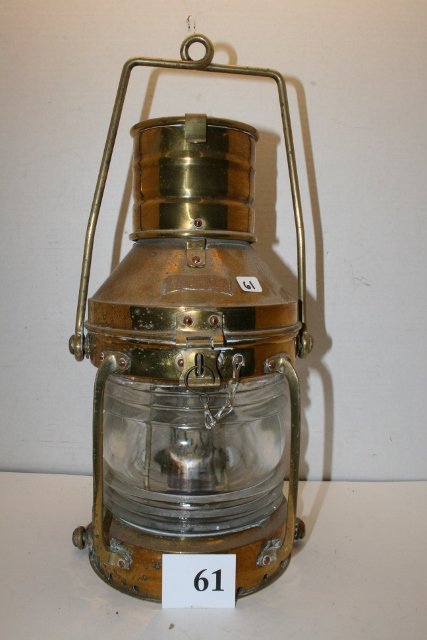 16” Brass Ships Lantern: 16” Brass Ships Lantern – clear globe, says Anchor