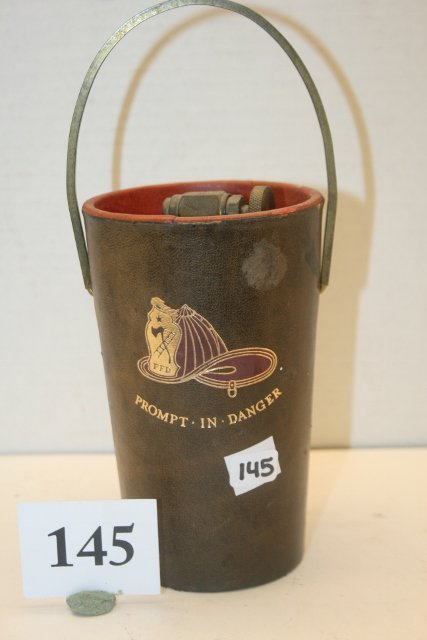 Brass Presto CB Fire Extinguisher - NO SHIPPING: 5 ½” Brass Presto CB Fire Extinguisher in 5 ¾” Fireman Bucket – leather cover over cardboard – no shipping