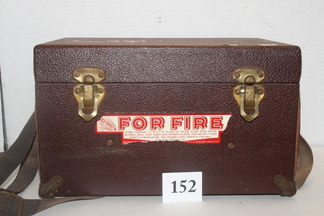 Box with (5) Glass Fire Grenades - NO SHIPPING: 8 ½” x 12 ¾” Box with (5) 6” Glass Fire Grenades – painted red – 1 missing - by Red Comet Inc. – Littleton Co. original carrying straps – will not ship