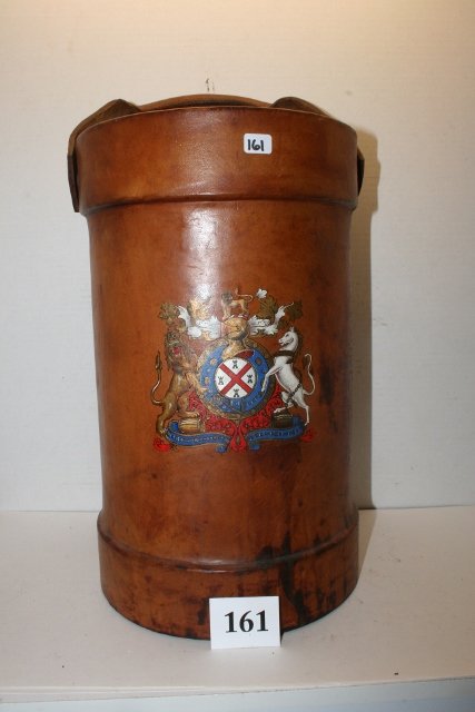 Leather Fireman’s Bucket: 15” tall Leather Fireman’s Bucket – with Coat of Arms Decal on front