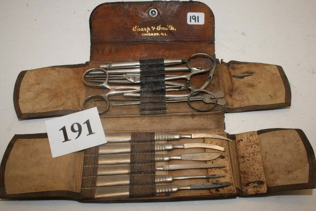 Set of 13 Surgical Tools: Set of 13 Surgical Tools in Original Case by Sharp & Smith Co. Chicago, Ill. – scissors, scalpel, saw – needles etc…