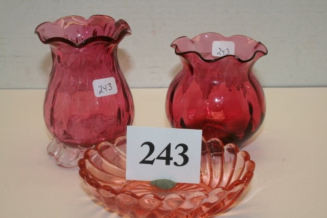Baccarat Pink Nut Dish: 4 ½” Baccarat Pink Nut Dish – 2 Cranberry Vases – 4” Footed with clear ruffled base – 3 ½” Vase