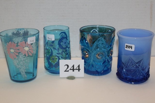 4 Blue Tumblers: 4 Blue Tumblers – Peacock Eye with gold décor – 2 with hand painted flowers & Opalescent Spear point