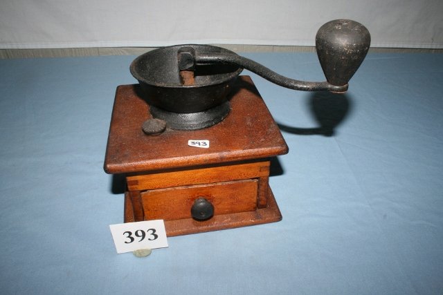 Square Wood Coffee Mill: 6 ½” Square Wood Coffee Mill with cast iron grinder
