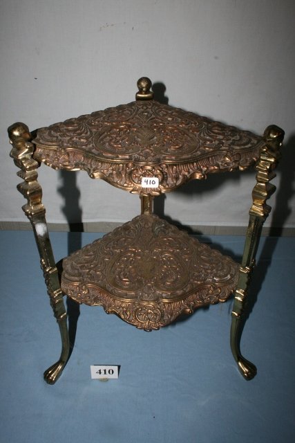 2 Shelf Brass Stand Figural Heads: 19” tall Triangular 2 Shelf Brass Stand Figural Heads on top of 3 legs
