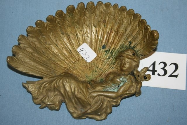 Brass Art Noveau Dish with Lady: 5 ¾” Brass Art Noveau Dish with Lady on Peacock Feather Fan