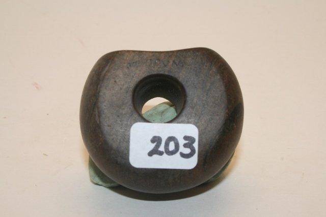 Banded Slate Fluted Ball Bannerstone: 1 ¾”Banded Slate Fluted Ball Bannerstone – Wood Co. Ohio, Ex. Loren Underwood Coll.