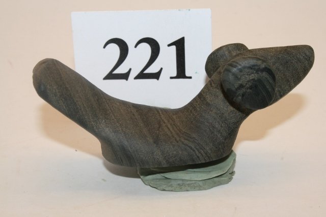 Pop Eyed Birdstone: 3 ½” Pop Eyed Birdstone of a heavy hardstone – like banded slate, rough weathered looking surface, tag reads “Seneca Co. Ohio” Ex. Paul Rankin Collection – found near Bloomdale By Gary Biss