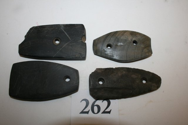 Group of 4 Slate Artifacts: Group of 4 Slate Artifacts – 2 Pendants and 2 Gorgets, all are damaged, largest 3 1/4"