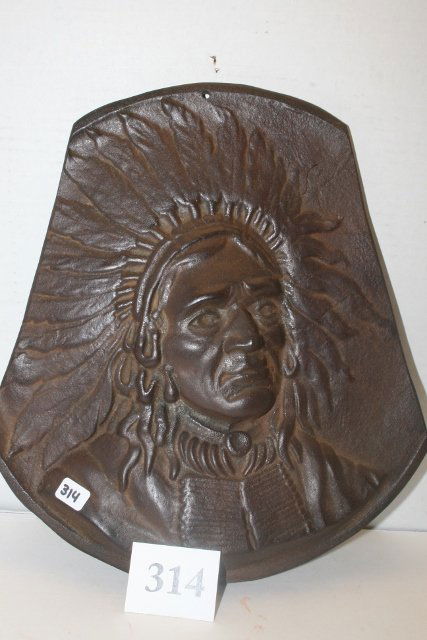 Iron Cast Indian Chief Plaque: 10 3/8” x 11” Iron Cast Indian Chief Plaque, Old