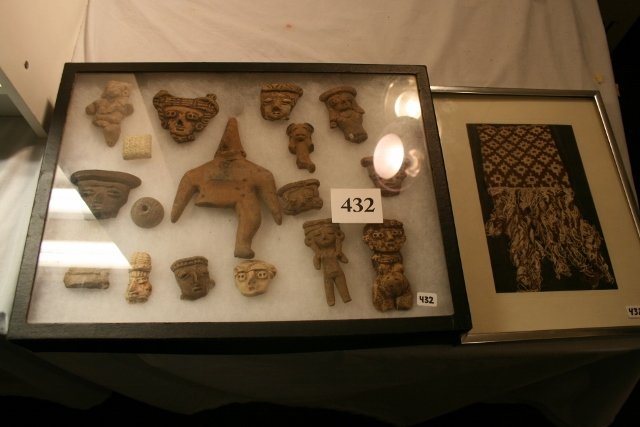 Peruvian Textile and Frame: 2 Lots Frame with Peruvian Textile and Frame consisting of Mayan 17 Clay Figures – largest 7 ¼”