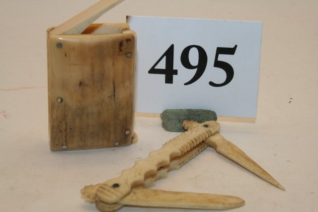 2 Walrus Ivory Items - NO SHIPPING OUT OF COUNTRY: 2 Walrus Ivory Items: Match Safe Container, Folding 2 Blade Pocket Knife, Alaska – longest 2 5/8” - will not ship out of country
