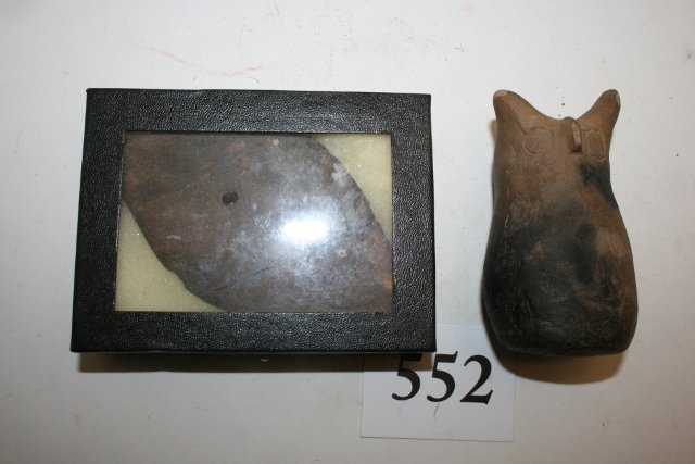 2 Artifacts, 3 1/8” Pottery Owl Pipe: 2 Artifacts, 3 1/8” Pottery Owl Pipe, Arkansas and a 4 1/8” Broken-Glued Hardstone Gorget