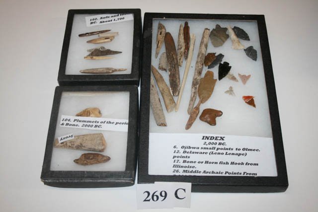 3 Frames Bone Tools and Flints: 3 Frames total of 20 Bone Tools, and 14 western flints - largest 6 7/8" - nice group