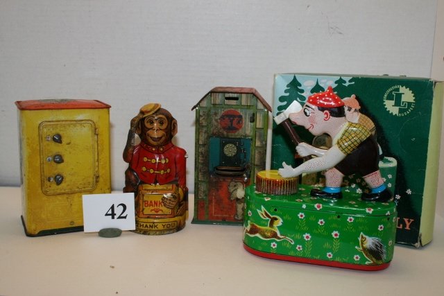 Tin Monkey: Tin Monkey – damaged, Bank, Phone Booth, Rough, Man Cutting Wood Bank in box