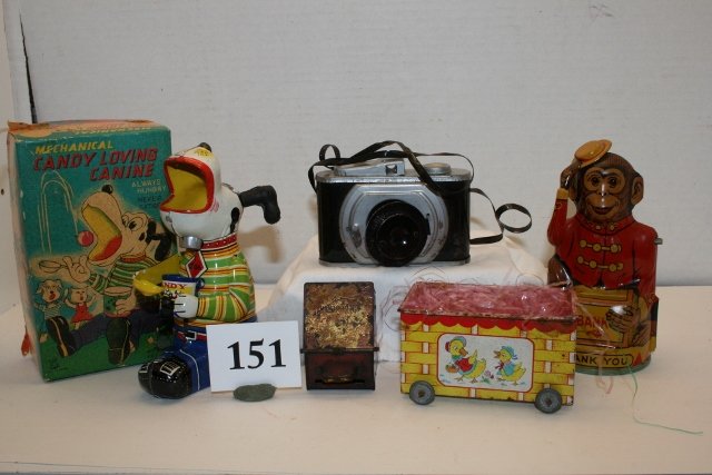 Monkey Bank: Monkey Bank – good condition, Tin Camera, Tin Easter Wagon, Coal Hod Chocolate Container, Mint Candy Loving Canine in box, Toy Duck Wagon