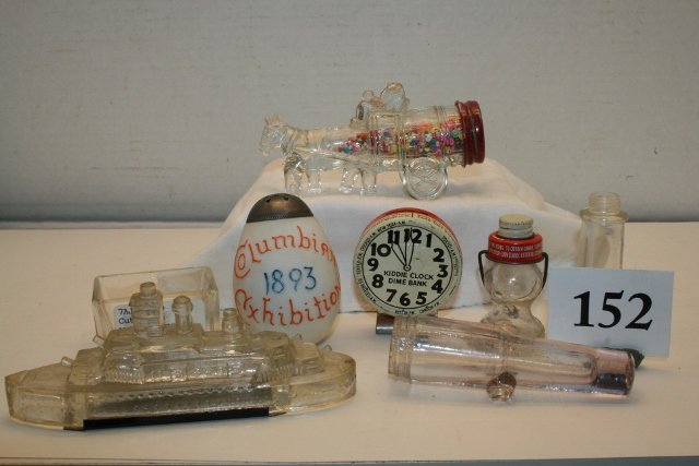 Columbian 1893 Expo Salt Shaker: Boat with new closure, Columbian 1893 Expo Milk Glass Salt Shaker, Glass Horse Drawn Wagon with candy, lid, Kiddie Clock Dime Bank, Small Lantern, 2 parts