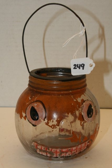Slant Eyed Jack-O-Lantern: Slant Eyed Jack-O-Lantern, original wire & lid, 30% paint