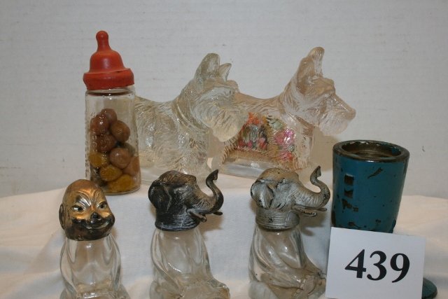 Lot consisting of 2 Elephant Salt Shakers: Lot consisting of 2 Elephant Salt Shakers, Billikin, 2 Scotty Dogs, Boot, Baby Bottle