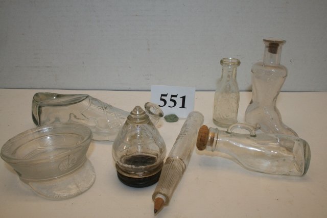 Box Lot: Military Hat, Milk Bottle: Box Lot: Military Hat, Milk Bottle, pencil, Lower part of top, Urnial, ladys boot, shoe