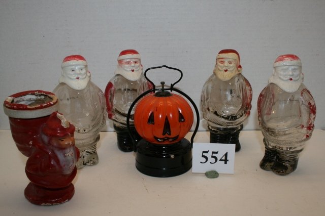 All Holiday, 4 Glass Santas: All Holiday, 4 Glass Santas with plastic wheels, Jack-O-Lantern, paper Mache Santa