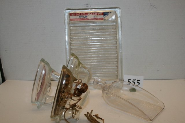 3 Irons: 3 Irons, one with closure – cork, one midget washboard, glass candy scoop