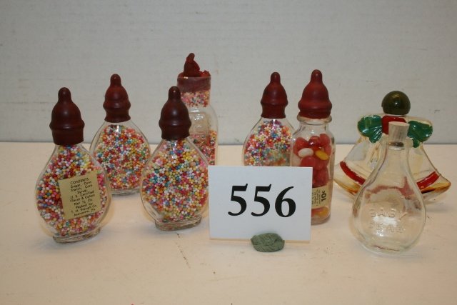 Christmas Bells: Christmas Bells with Bakelite cap, 7 Baby Bottles – 6 have candy