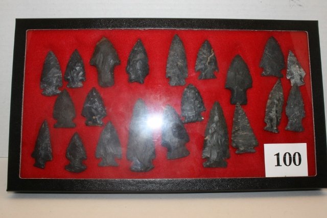 21 Nice Coshocton Flint Points: 14 ½” x 8” Frame containing 21 Nice Coshocton Flint Points – largest 3 ¼” – Hardin Co. Ohio – Ex. Dana Baker Coll. – Ex. Marcou Coll.