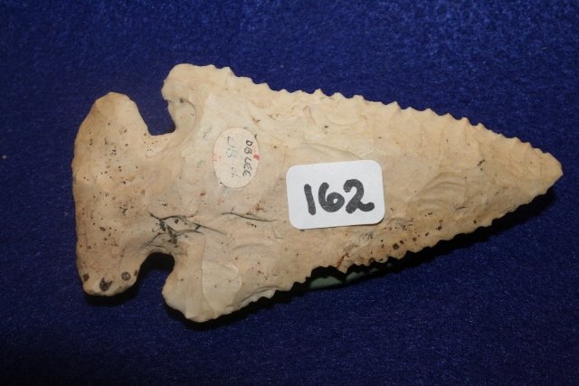 Serrated Archaic Bevel: 4” Serrated Archaic Bevel, nicely patinated chert, Ohio – Ex. D.V. Lee Coll.