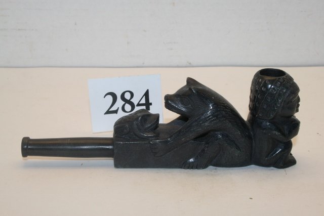 Cherokee Steatite Pipe Seated Human: 6 7/8” x 2 ¼” Historic Cherokee Steatite Pipe Seated Human, Bear in Back holding frog, European Style Mouth Piece, very nicely done marked with 4 Ball Signature