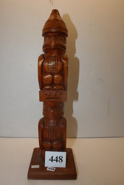 Carved Cedar Totem Pole: 15 ½” x 3” Carved Cedar Totem Pole by Peter Joe, Nice