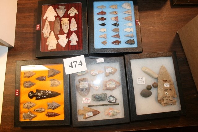 59 Artifacts including Points, copper: (5) 5 x 6” Frames Total of 59 Artifacts including Points, copper, marbles etc… including a nice 3 ¾” Thebes Point – most have info