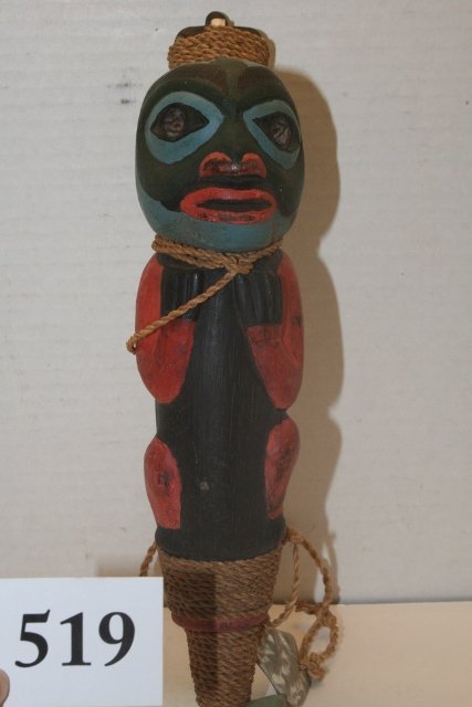 Haida Halibut Hook: 10 3/8” Finely Carved and Painted Haida Halibut Hook with abalone eyes, Queen Charloole Isle, Shell pendant attached, artist signed