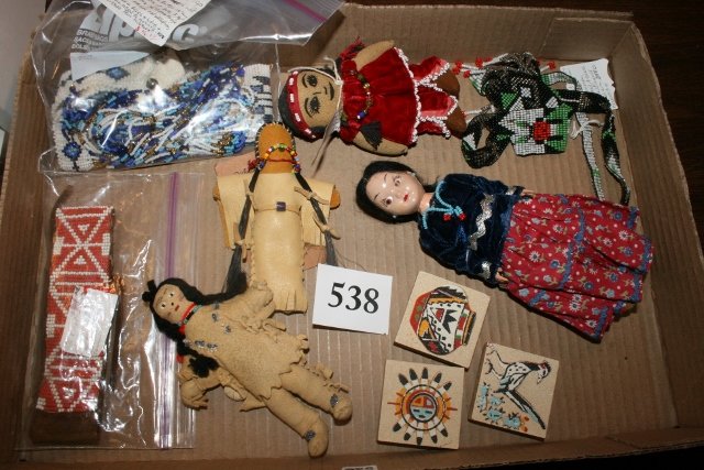 4 Dolls, Beaded Necklace: Lot consisting of 4 Dolls, Beaded Necklace, Beaded Collar, Beaded Head Band, 3 Sand Painting Magnets