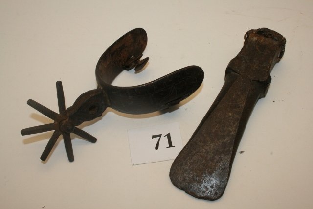 1 Mexican Spur: Lot Consisting of 1 Mexican Spur and a Hand Forged Wood Splitting Wedge, largest 7”