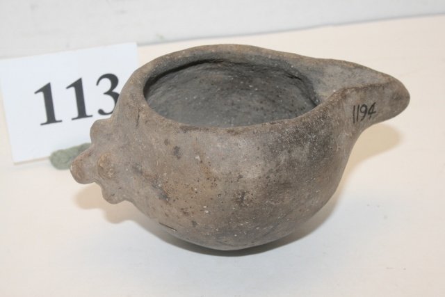 Pottery Vessel: 4 ½” x 2 1/8” Pottery Vessel as per Steele’s Catalog “Fine Effigy Pot resembling cream pitcher, Crosno Mound, Miss. Co. Mo. 5/29/37”