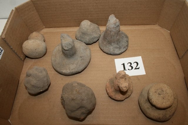 6 Stone and Clay Pottery Trowels: 6 Stone and Clay Pottery Trowels or Smoothers and 2 Clay Balls, one trowel is marked 1171 in Steele Catalog, Crosno Mound May 23, 1937