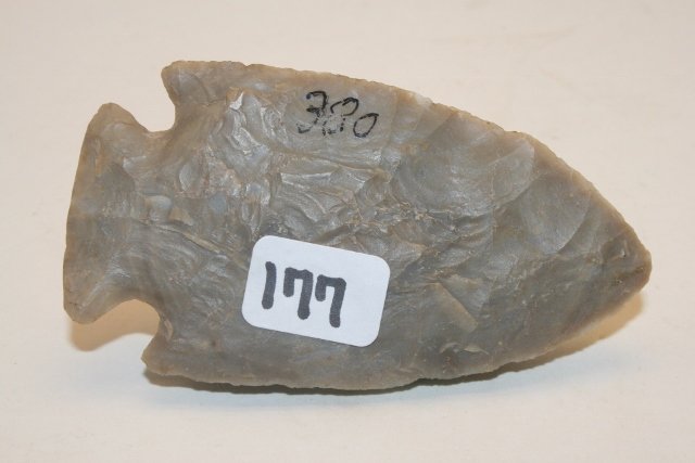 Flint Spear Point: 3 ¼” #380 in Steele’s Catalog “Fine Flint Spear Point Lewis – Palaski Co. Ill. May 2, 1936”