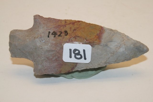 “Gray, Red, and Yellow Spear: 3 ¾” #1423 in Steele’s Catalog “Gray, Red, and Yellow Spear found by Steele in 1959