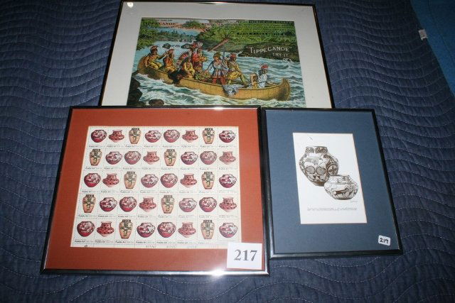 Print, Pottery Vessels: 3 Framed Items: 8 x 10 Print, Pottery Vessels, 14 x 17 Reproduction Ad of Tippecanoe Bitters, 11 x 13 Sheet of Mint, Unused 13 cent USA Postage Stamps with Indian Pottery – all modern metal frames