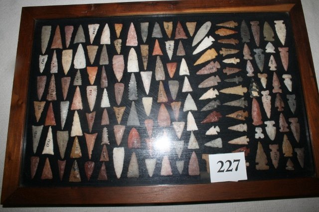 116 plus or minus Fine Small Points: Nicely Framed 18 x 12 containing 116 plus or minus Fine Small Points, over ½ are triangular, many are colorful, most are from Crosno Mound Mississippi Co. MO - largest 2 3/16” -