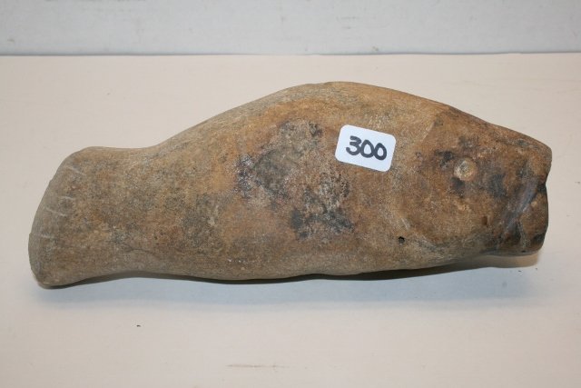 Sandstone Rare Fish Effigy Pipe: 7 ¼” Sandstone Rare Fish Effigy Pipe found in Scott Co. Missouri – Ex. Dr. Letterington Coll.