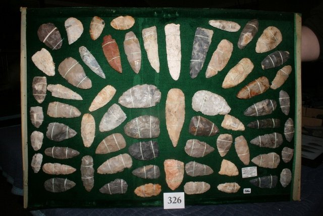 63 Flint Blades: 27” x 18” Frame with 63 Flint Blades, largest 5 ½” – Danny Cross Coll. Hartford City, Indiana – Danny Cross is pictured in Who’s Who #8, Nice Group