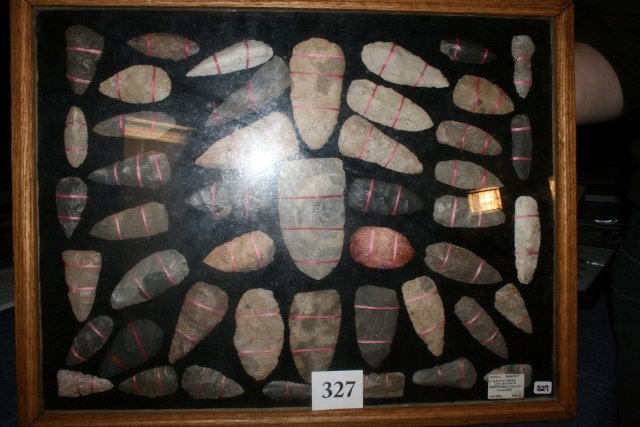 45 Nice Flint Blades: 22” x 17” Wood Frame Display containing a total of 45 Nice Flint Blades, many are colorful, largest 4 ¾” – Ex. Danny Cross Coll. – Nice Display!
