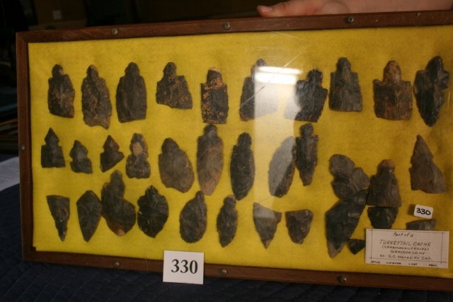broken Turkey Tail Points: 22” x 12” Wood Frame containing 34 Fragments of broken Turkey Tail Points, part of a Ceremonially Killed Cache from Grayson Co. Kentucky – Ex. C.C. Meredith Coll.