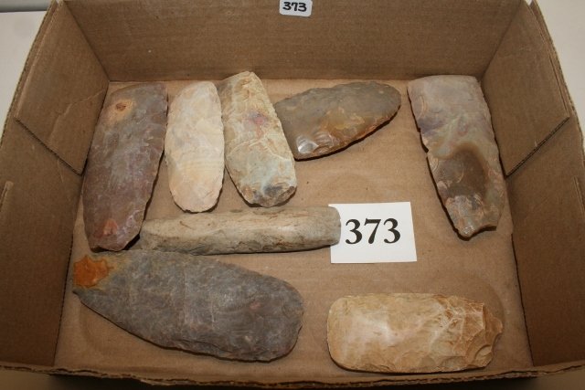 8 Flint Artifacts: 8 Flint Artifacts – 1 is a chisel and 7 celts, ex. Jim Beckman Collection – largest 5 1/2"